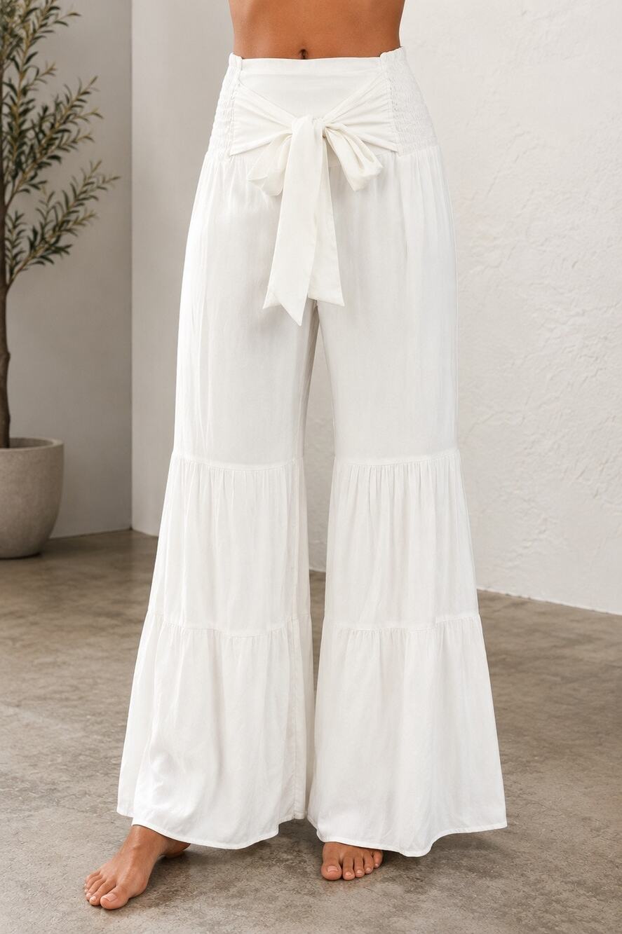 Elan White Smocked Tie Waist Tier Wide Leg Palazzo Pants Rayon Boho Resort NWT M